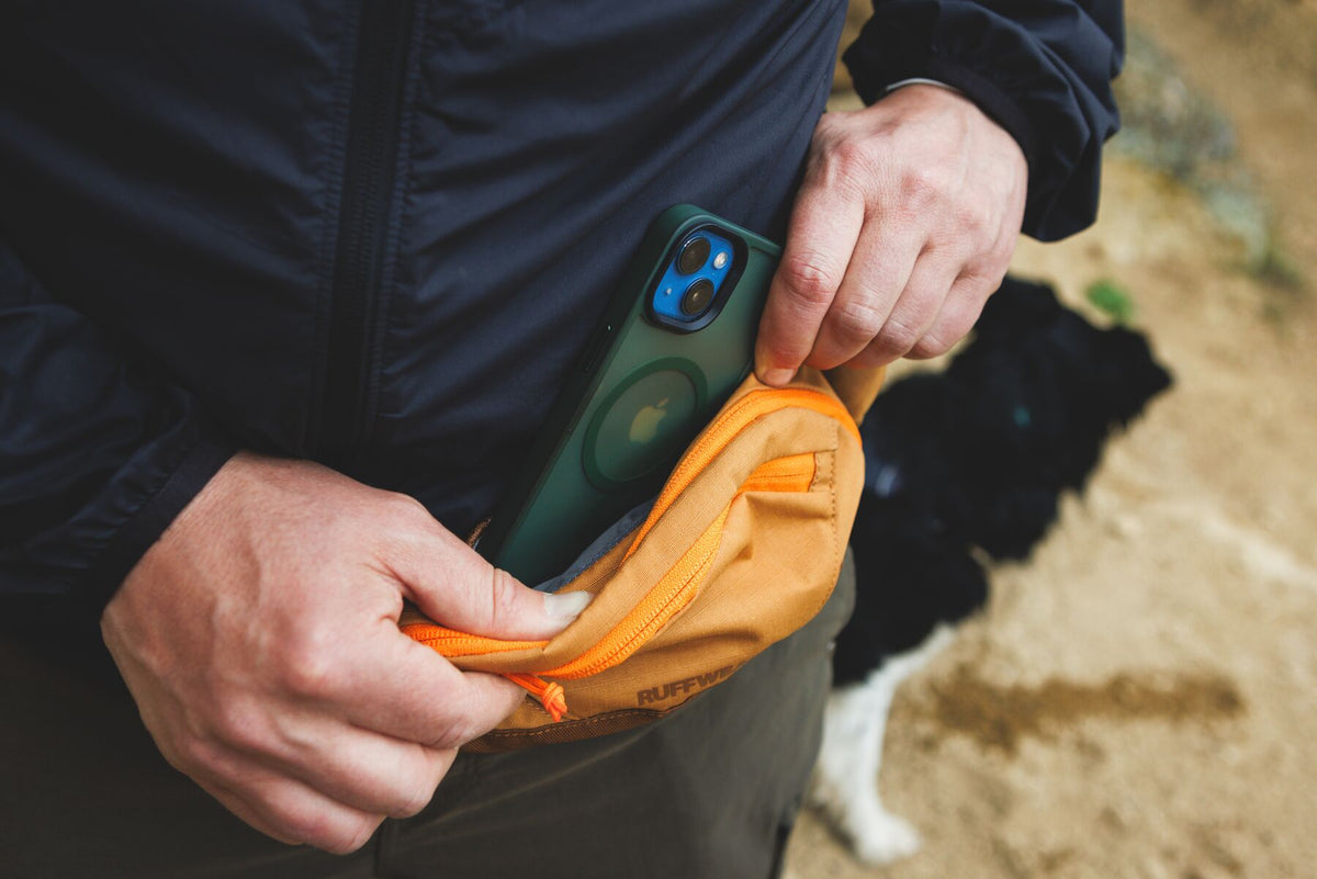 Hands pulling a smartphone from the quick-grab back pocket of the Ruffwear Home Trail hip pack in Brown Bear, worn at the waist outdoors, black and white dog visible in the background