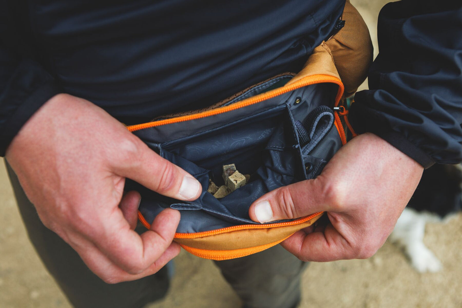 Hands opening the front zippered compartment of the Ruffwear Home Trail hip pack in Brown Bear worn at the waist, showing the interior with treats and a key hook, black and white dog visible at the edge of the frame