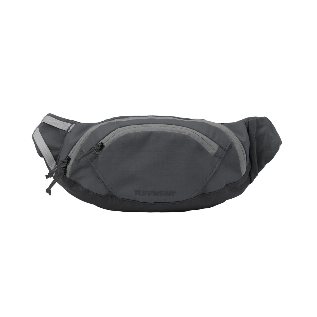 Ruffwear Home Trail hip pack in Granite Gray on a white background, shown from the front, displaying the zippered front compartment, main compartment zip, and Ruffwear wordmark