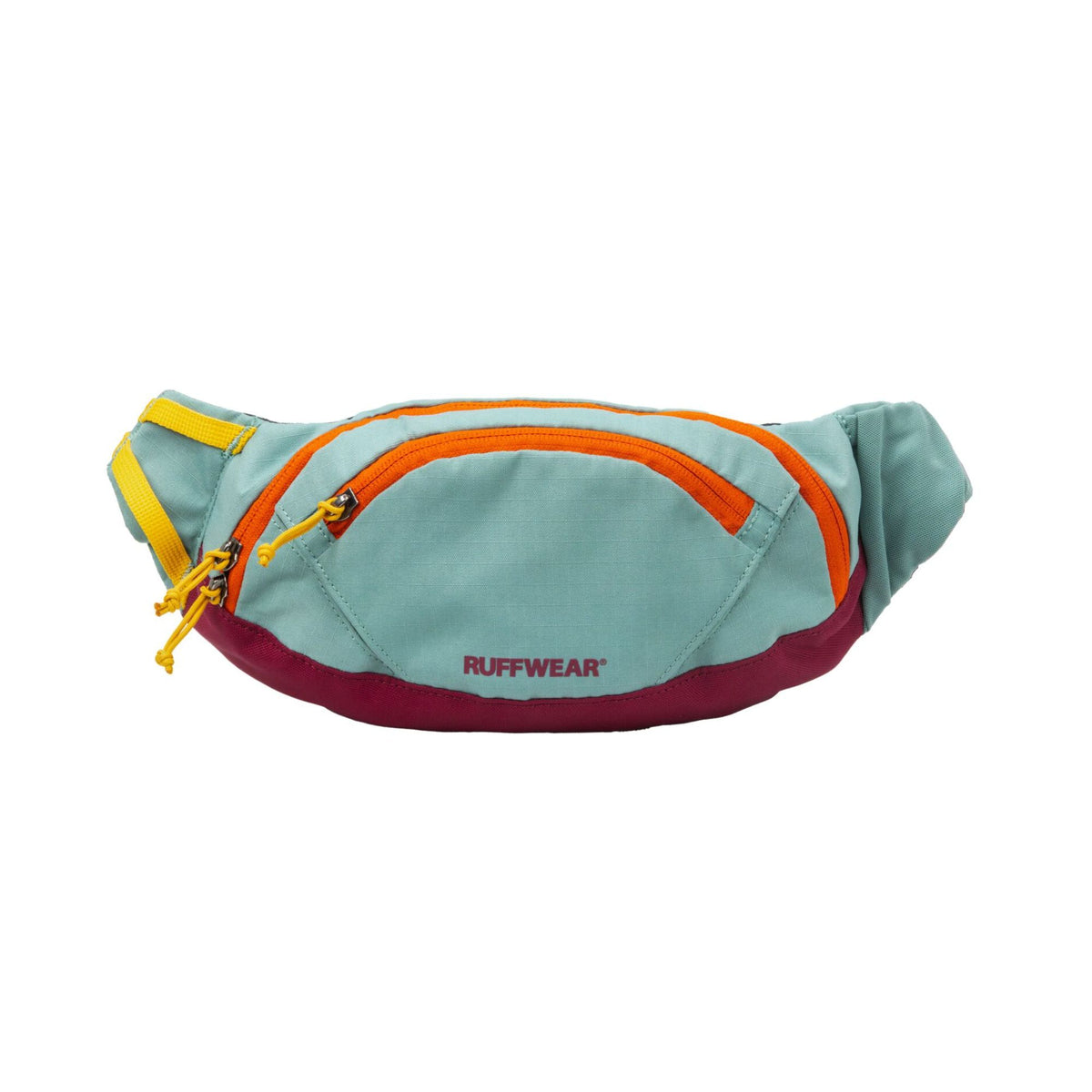 Ruffwear Home Trail hip pack in River Rock Green on a white background, shown from the front, displaying the zippered front compartment, main compartment zip, and Ruffwear wordmark