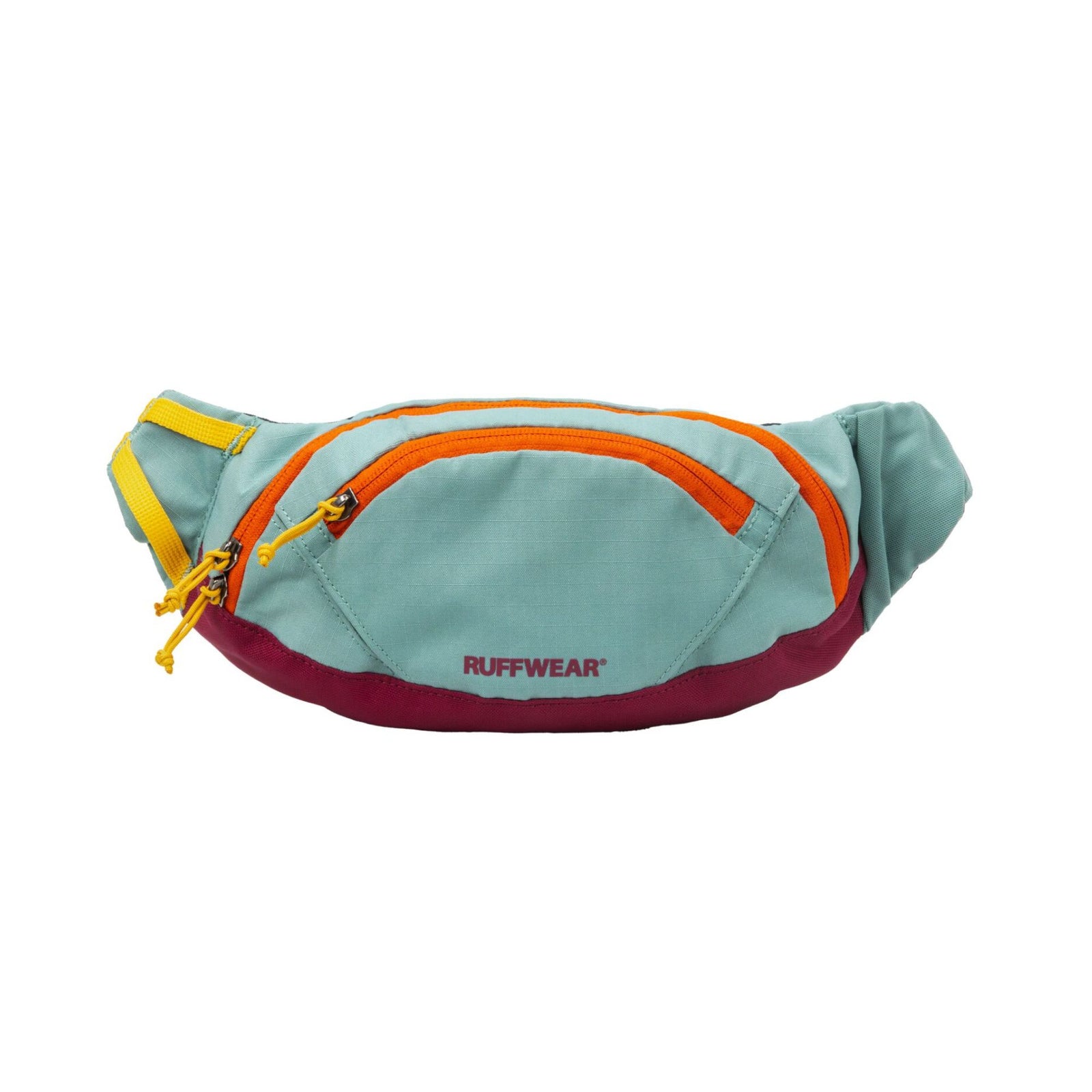 Ruffwear Home Trail hip pack in Brown Bear on a white background, shown from the front, displaying the zippered front compartment with orange zip pulls, main compartment zip, and Ruffwear wordmark