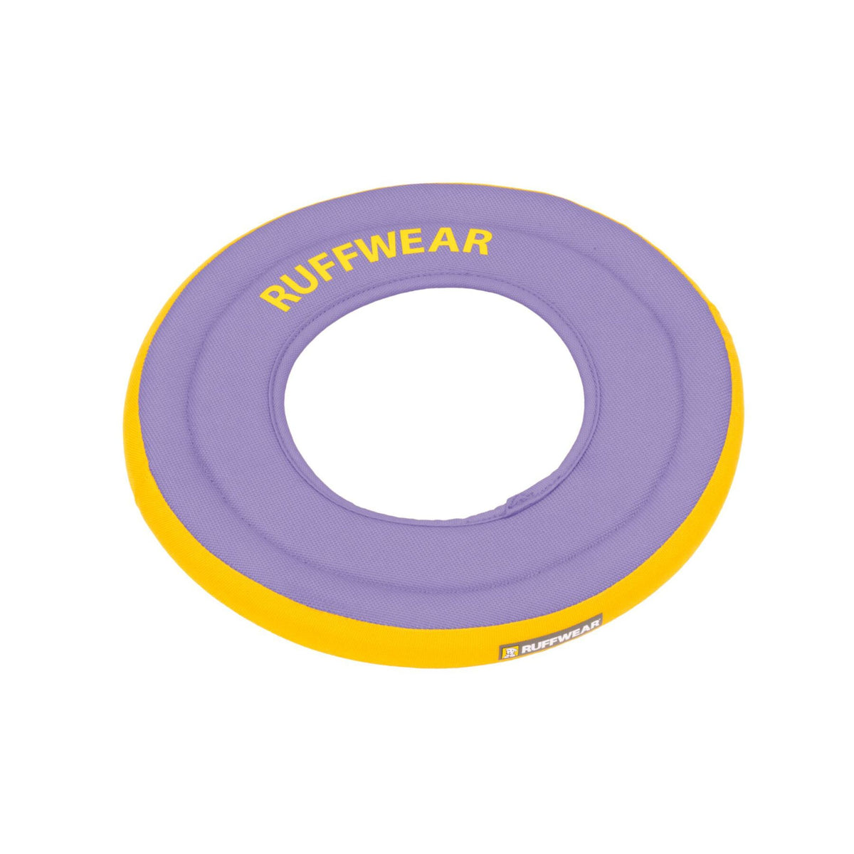 Ruffwear Hydro Plane floating dog disc toy in Purple Orchid - soft lavender nylon top with vivid yellow foam rim and yellow Ruffwear logo, on white background