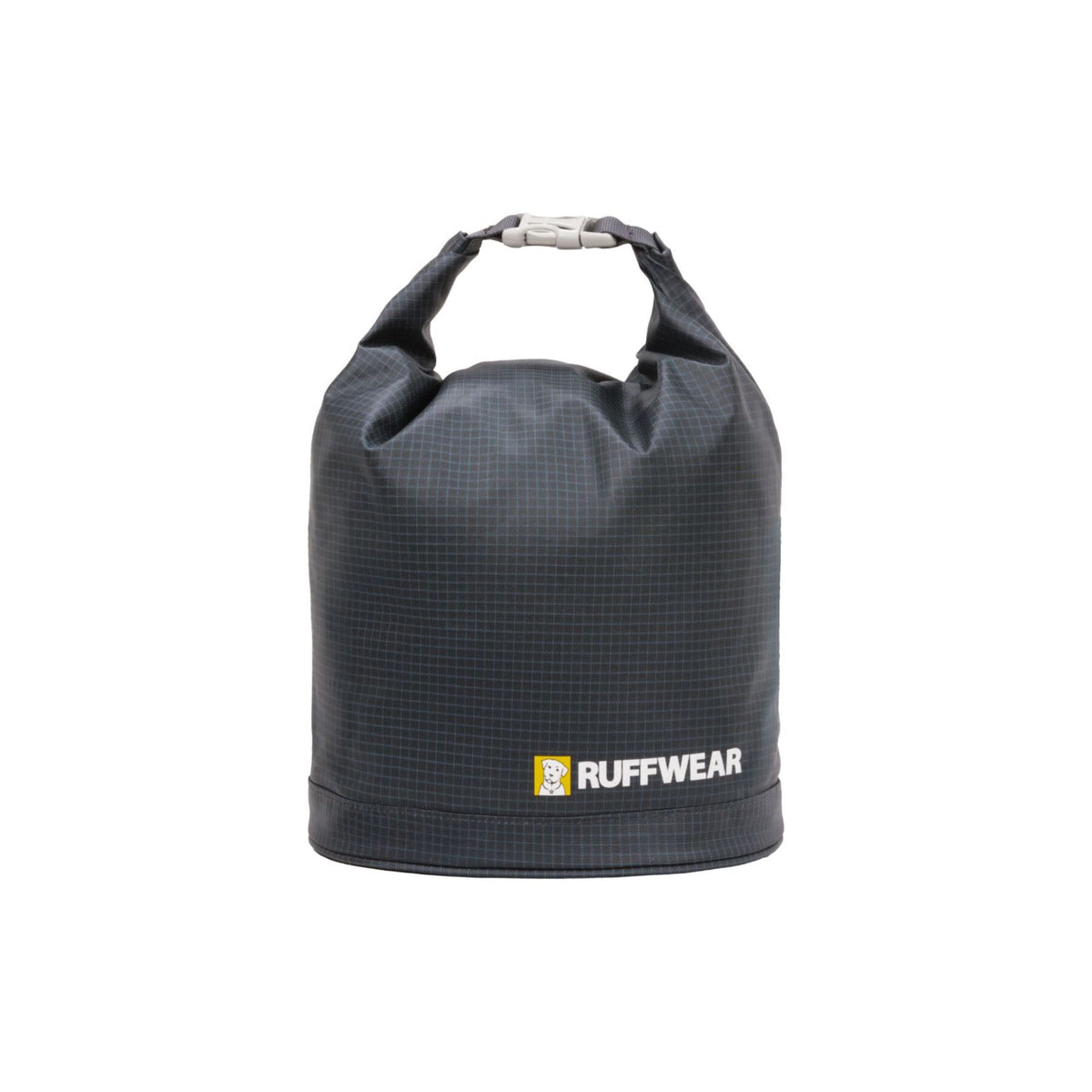 Ruffwear Kibble Kaddie dog food carrier in Basalt Gray on a white background, shown upright with roll-down closure secured at the top with a side-release buckle and Ruffwear logo visible on the front