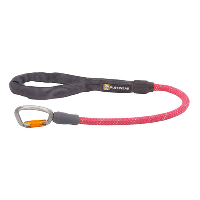 Ruffwear Knot-a-Long leash in Fireweed Pink showing the kernmantle rope, padded handle, and Crux Clip on a white background