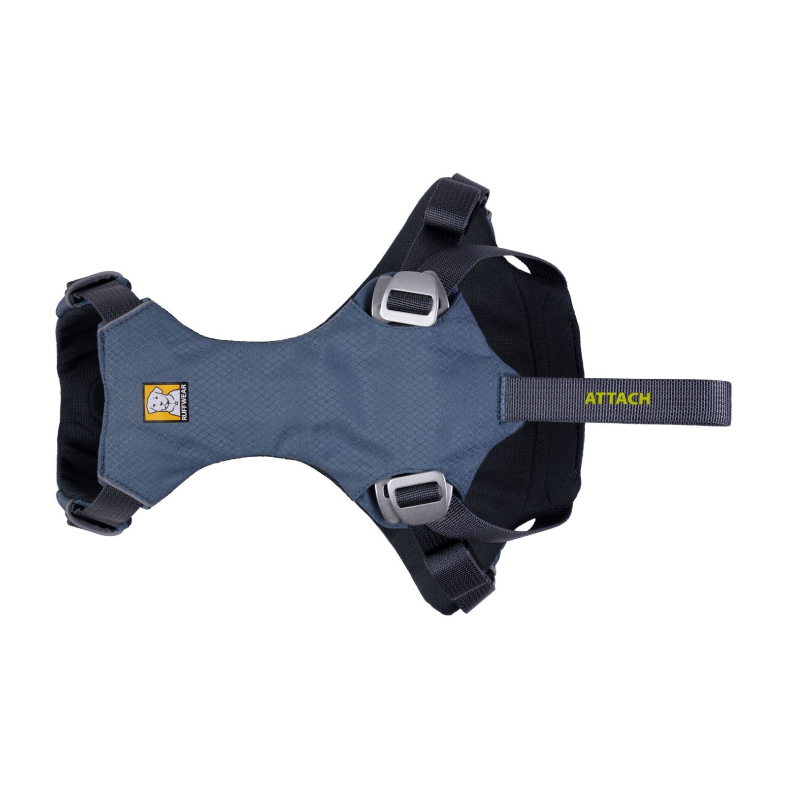 Ruffwear Load Up dog car harness in Slate Blue, three-quarter view on white background showing the padded body panel, seatbelt attachment loop labelled "ATTACH" and forged aluminium slide buckles