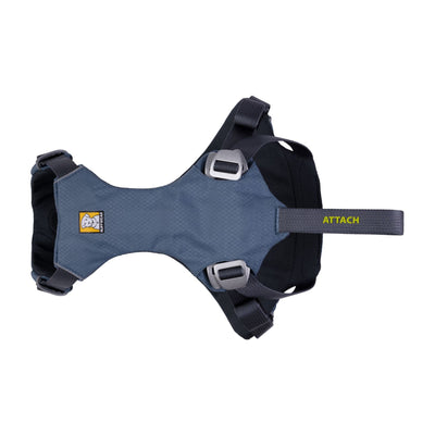 Ruffwear Load Up dog car harness in Slate Blue, flat lay showing the padded body panel, four aluminium slide buckles and the ATTACH seatbelt loop