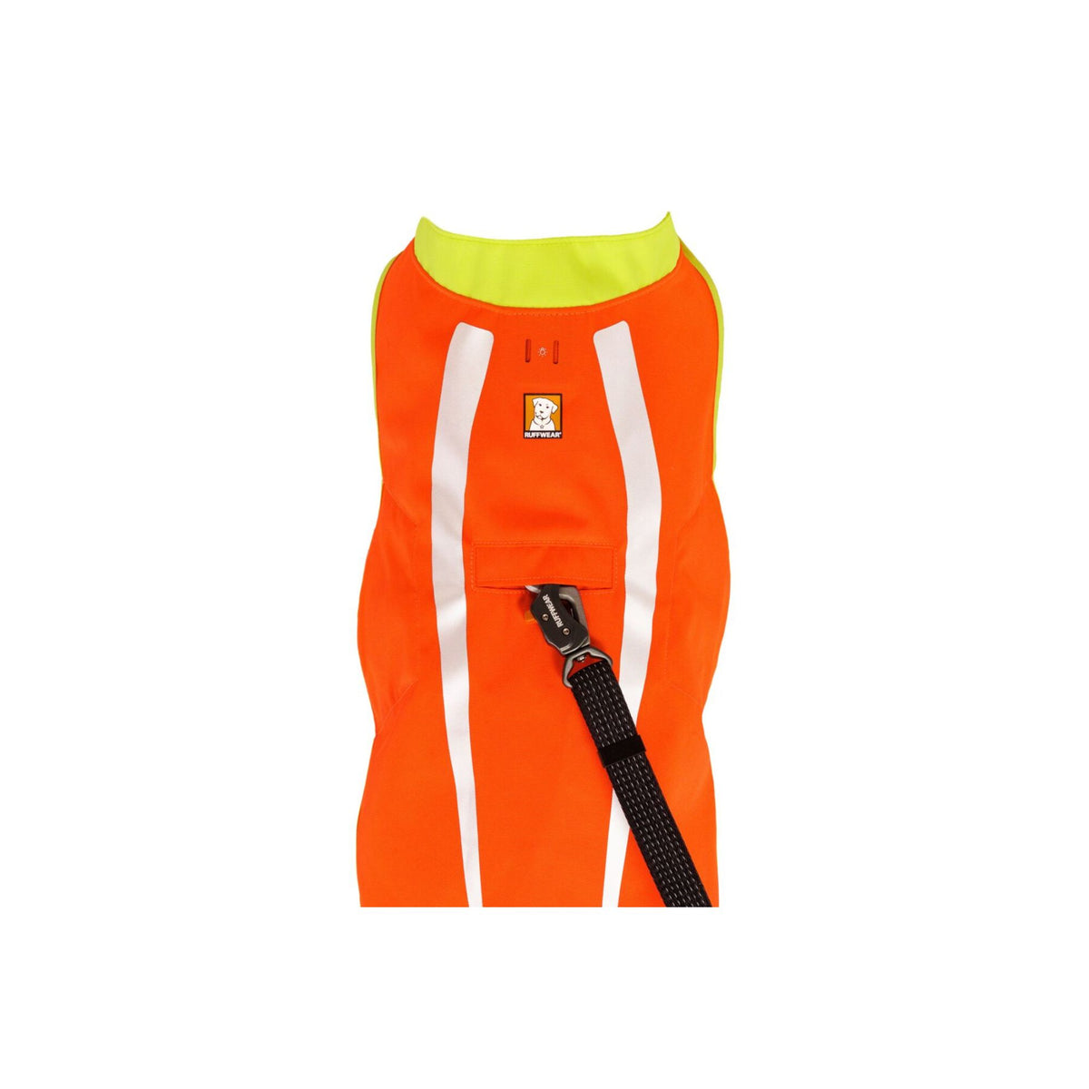 Ruffwear Lumenglow High-Vis Vest in Blaze Orange showing back leash portal with black lead clipped through - compatible with most dog harnesses