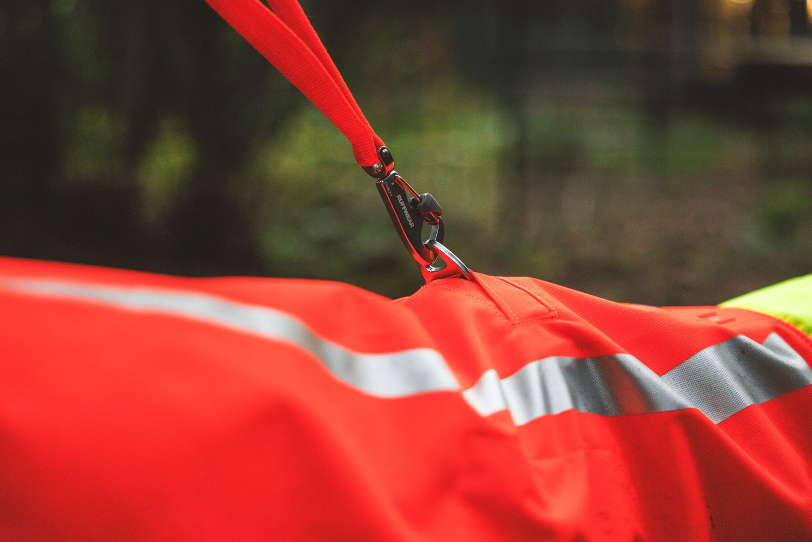 Close-up of Ruffwear lead clipped through the back leash portal on the Ruffwear Lumenglow High-Vis Vest in Blaze Orange - compatible with most dog harnesses for dark walks