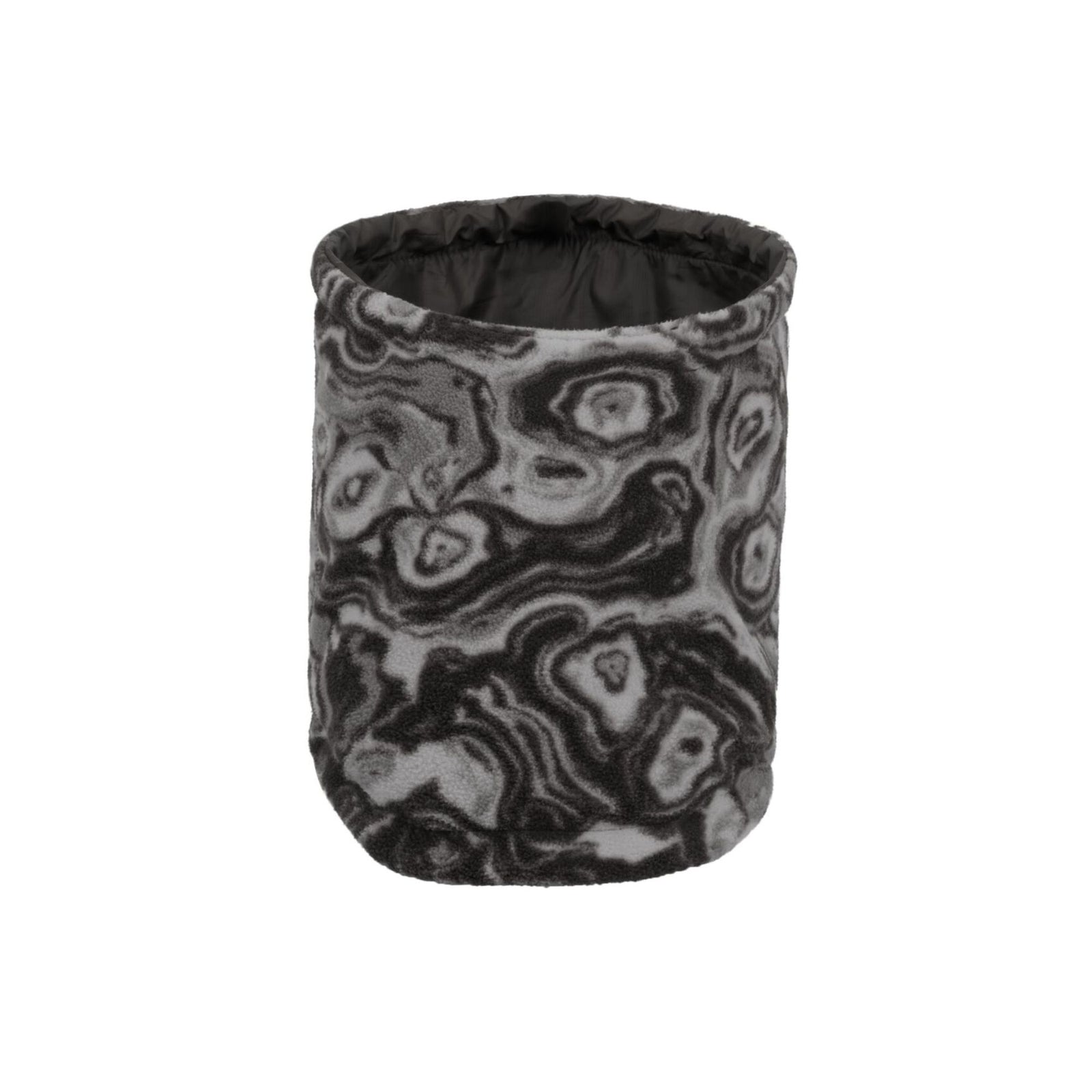 Ruffwear Mt. Hoodie Warming Neck Gaiter for dogs in Basalt Gray - fleece side facing out, showing the swirling stone-pattern print in dark and pale grey.
