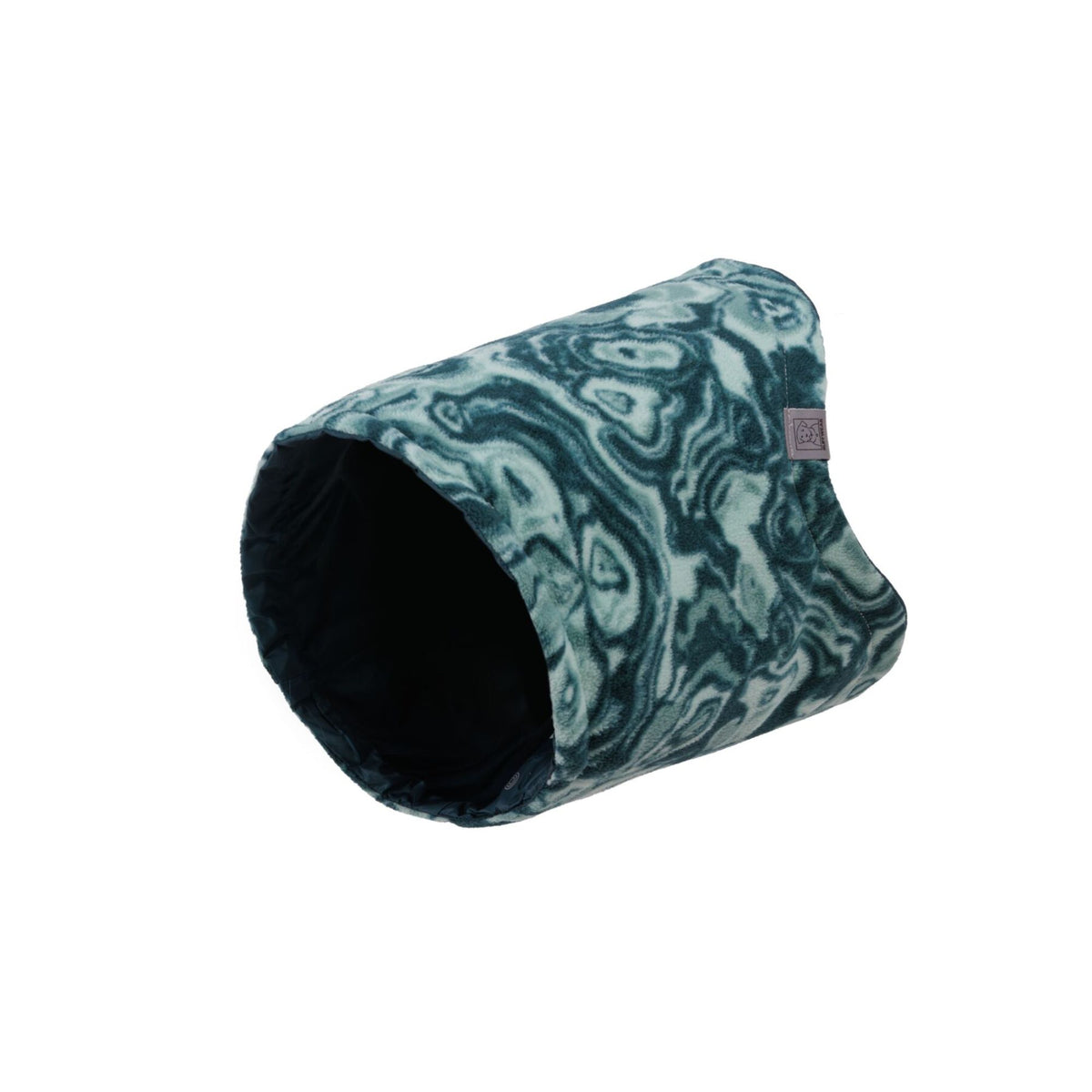 Ruffwear Mt. Hoodie dog neck gaiter in Deep Teal - side profile showing the rolled gaiter shape and the open neck opening