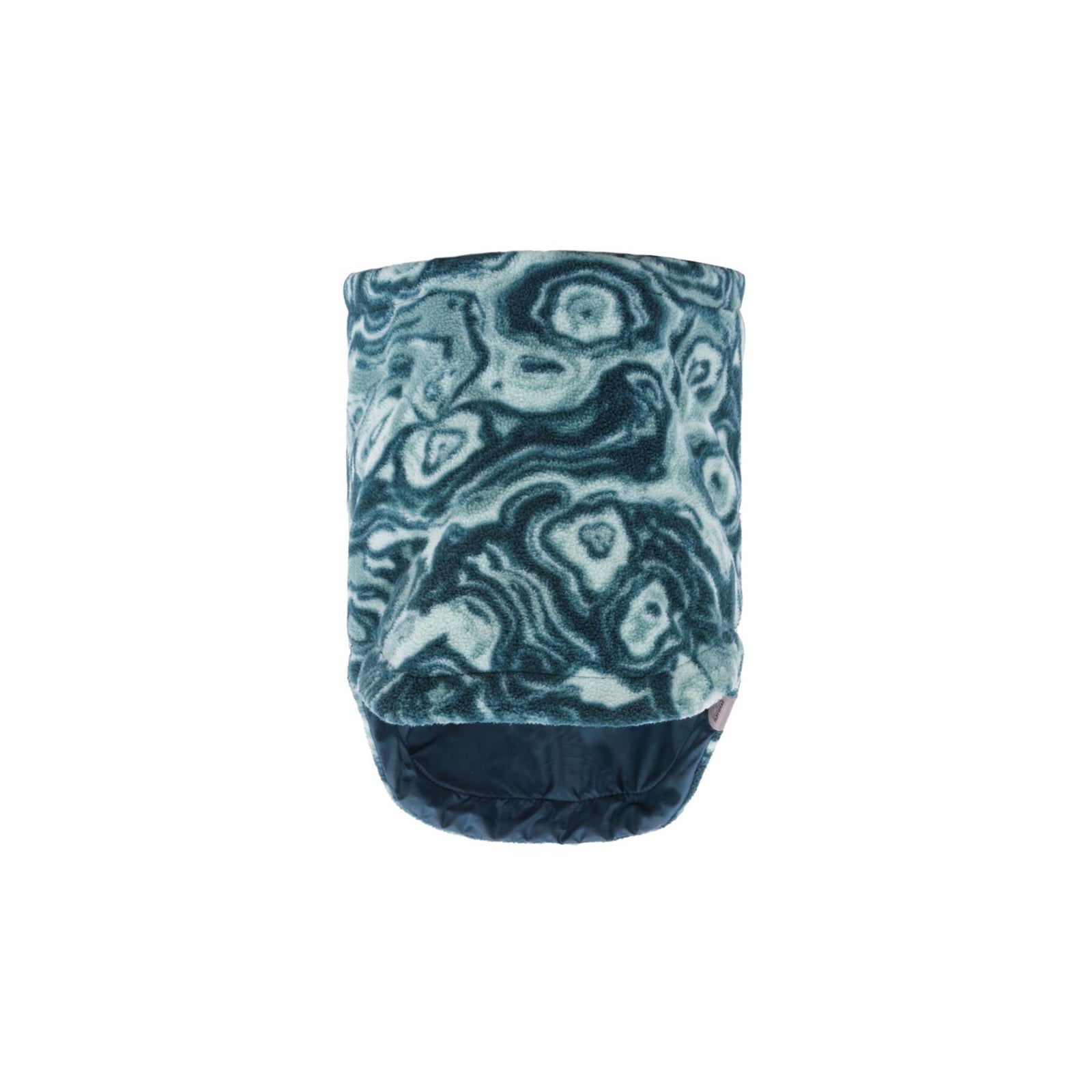 Ruffwear Mt. Hoodie dog neck gaiter in Deep Teal - front-on view showing the full gaiter height and stone-pattern fleece detail