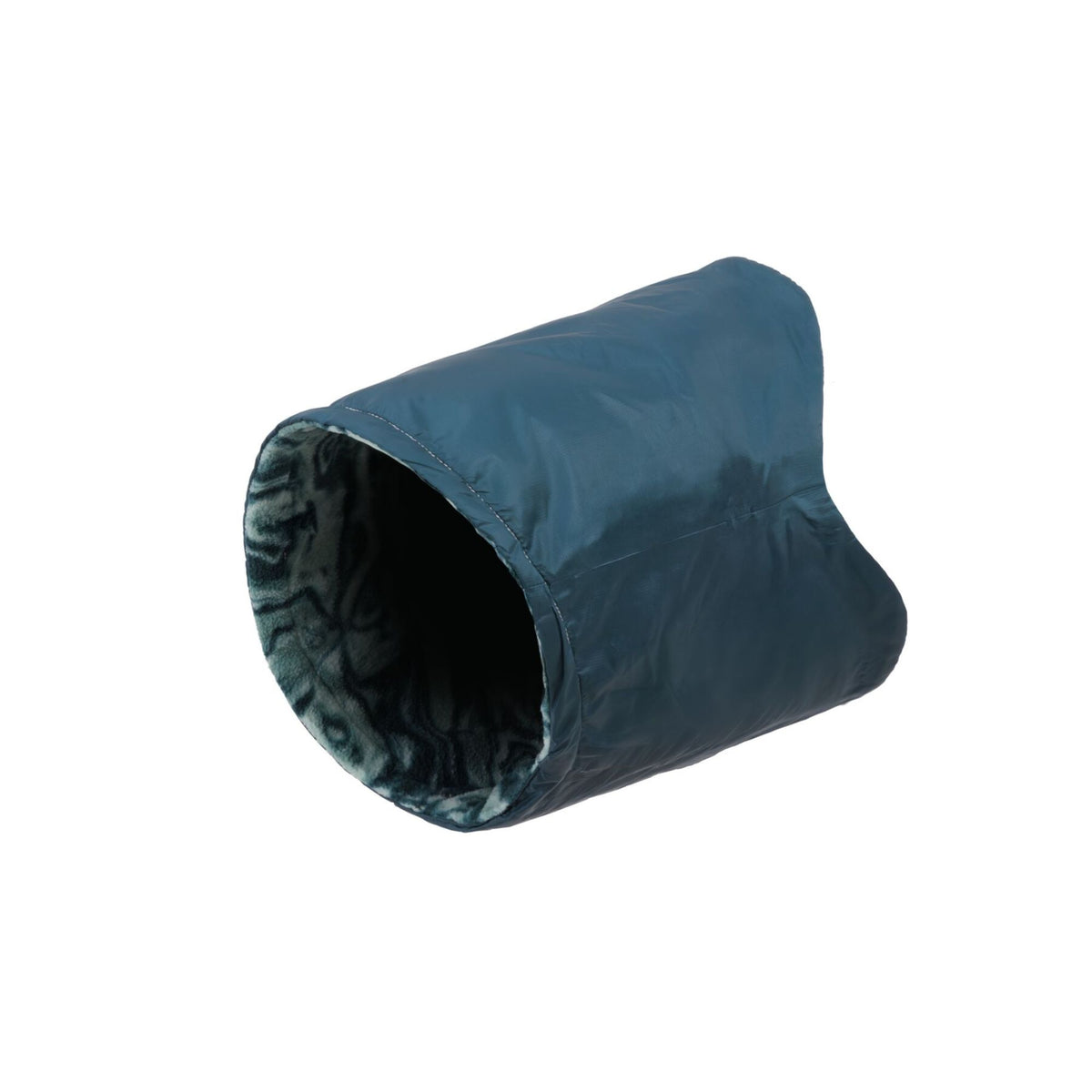 Ruffwear Mt. Hoodie dog neck gaiter in Deep Teal - angled view showing the contrast between the patterned fleece interior and the smooth polyester shell exterior