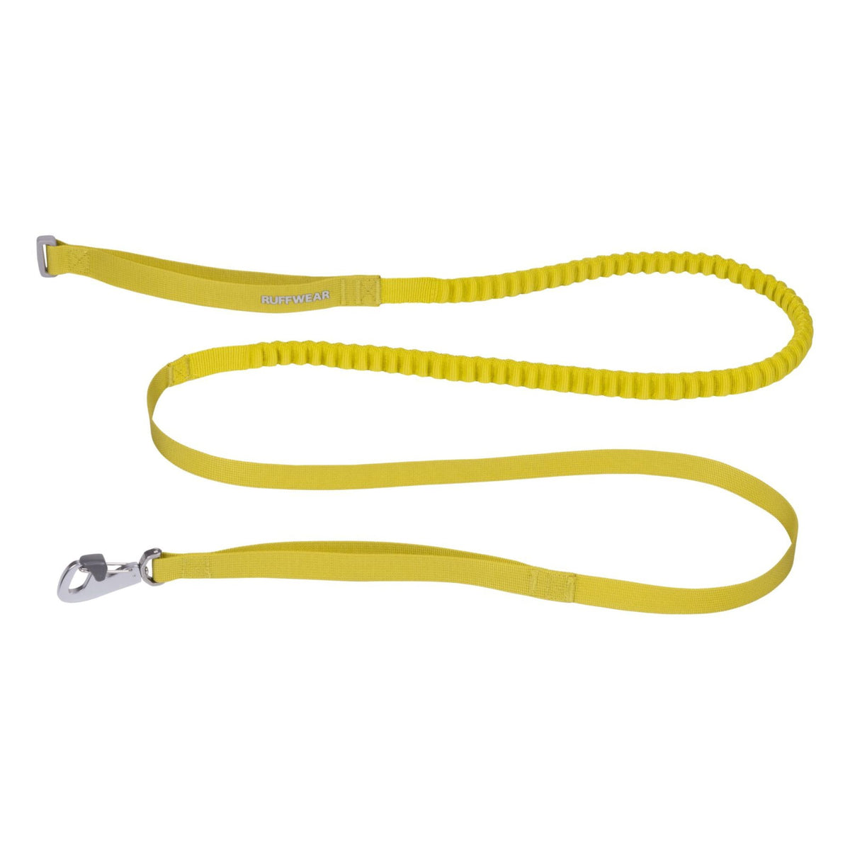 Ruffwear Omnijore Wavelength towline in Lichen Green laid out on white background, showing shock-absorbing bungee section, Ruffwear branding, and lockable Crux Clip carabiner at the dog end