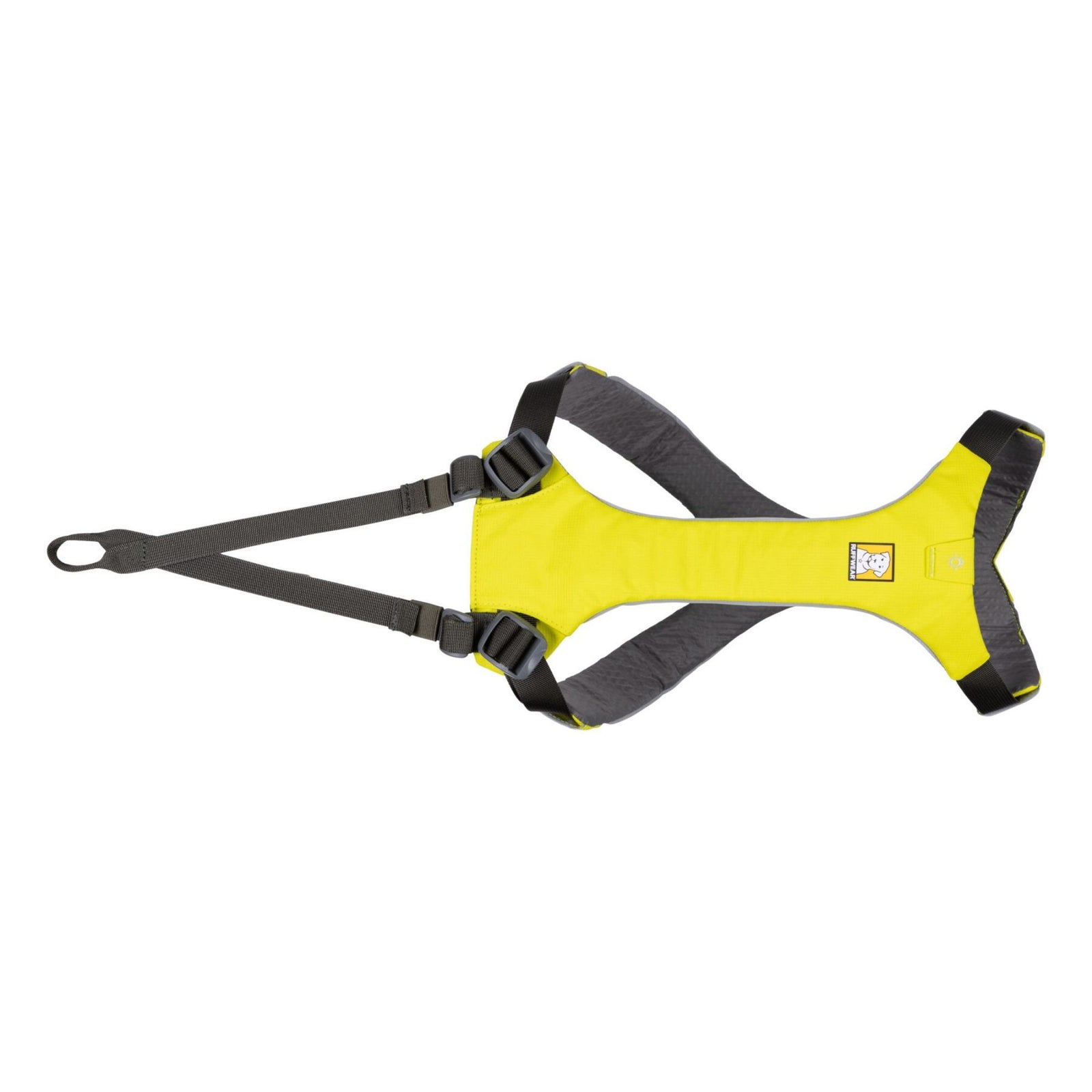Ruffwear Omnijore joring dog harness in Lichen Green laid flat on white background, showing padded chest panel, grey adjustable straps, front tow attachment point, and Ruffwear logo badge
