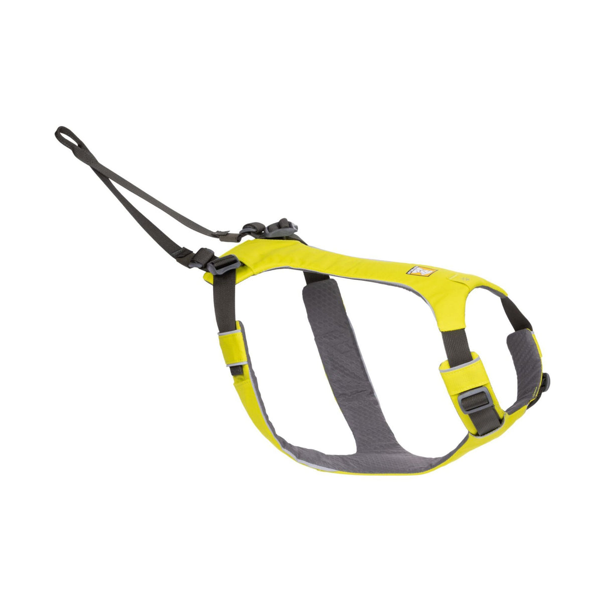 Ruffwear Omnijore joring dog harness in Lichen Green shown at an angle on white background, displaying padded back panel, grey adjustable straps, front tow point with attachment loop, side adjustment buckle, and handle on the right