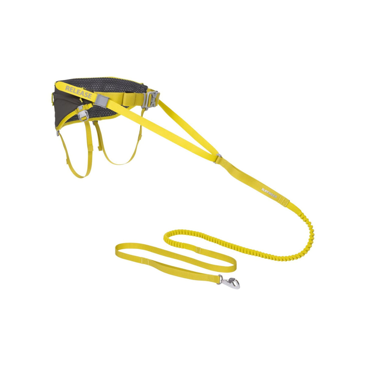 Ruffwear Omnijore joring system hip belt in Lichen Green with yellow straps and shock-absorbing towline laid out on white background, showing leg loops and quick-release tow strap