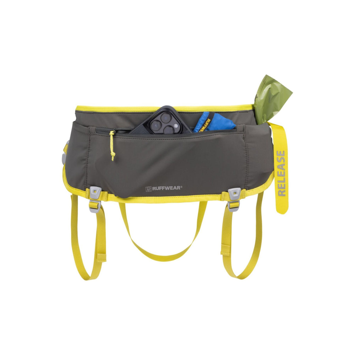Ruffwear Omnijore joring system hip belt in Lichen Green shown front-on with zippered pocket open displaying phone and accessories, stretch stash pocket with poo bag dispenser, and yellow RELEASE strap visible on right side