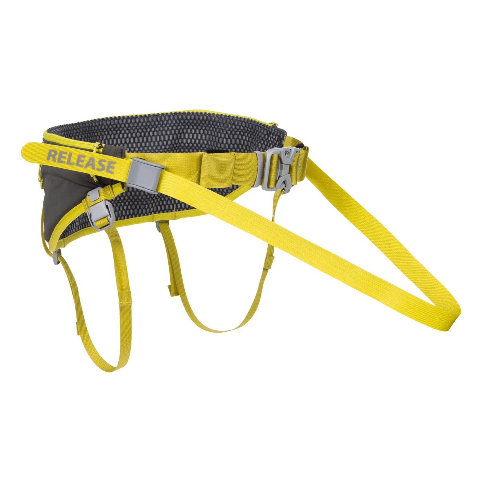 Ruffwear Omnijore joring system hip belt in Lichen Green shown from the back at an angle, displaying airmesh lining, central side-release buckle, adjustable leg loops, and yellow RELEASE quick-disconnect strap on white background