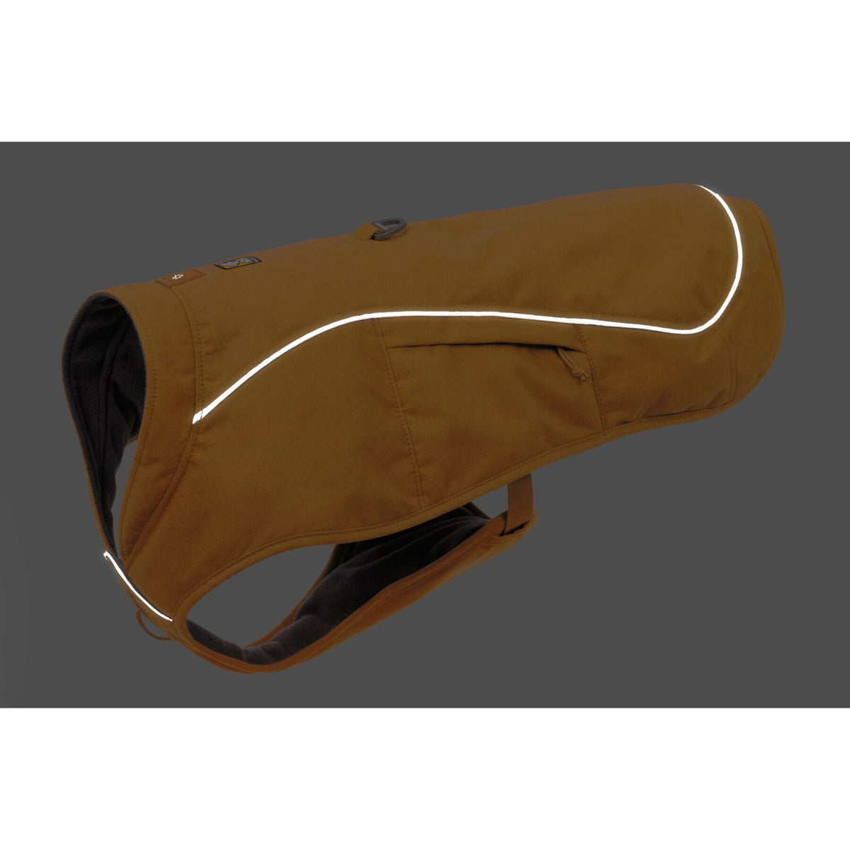 Ruffwear Overcoat Fuse dog harness vest reflective accents shown in low-light conditions for night walking visibility