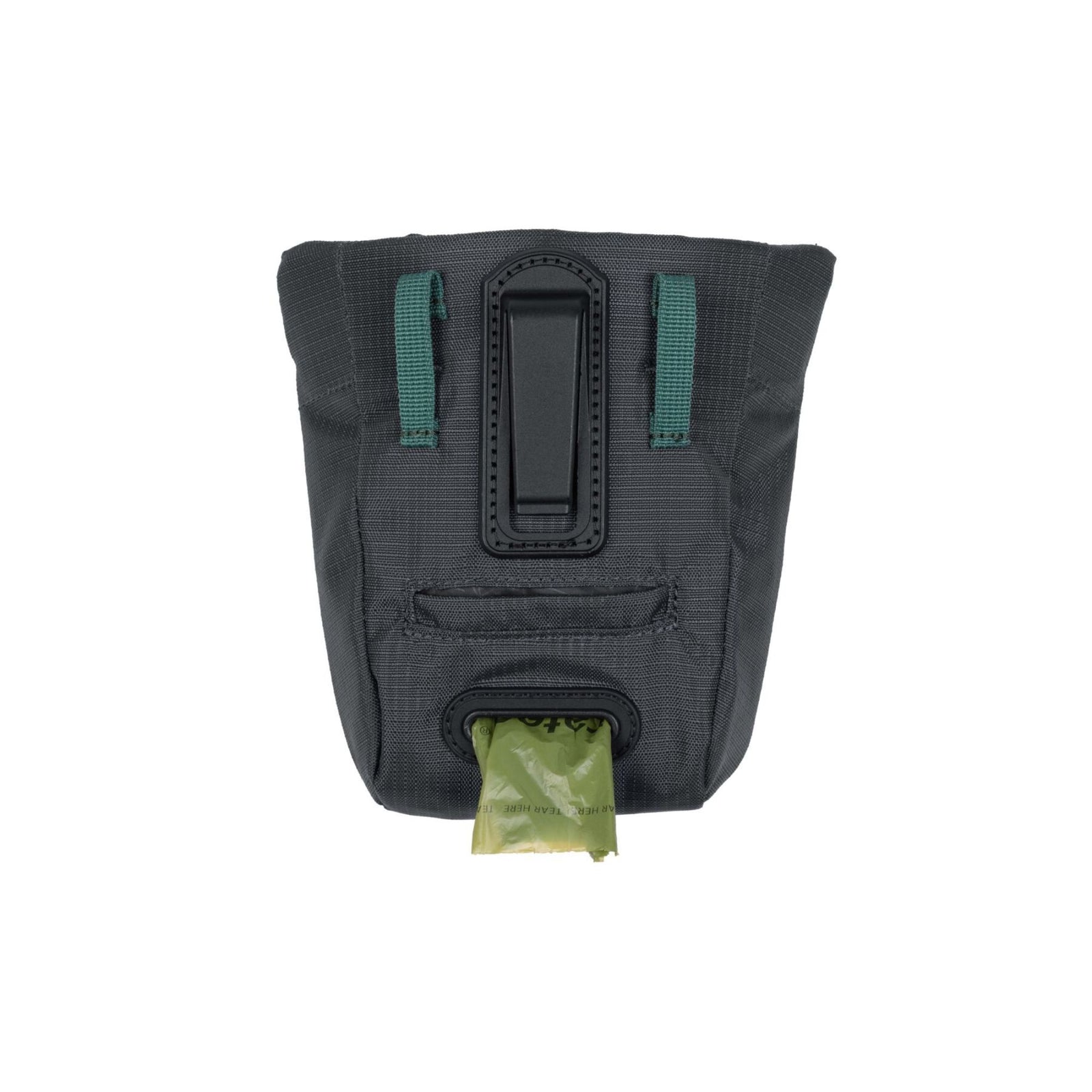 Ruffwear Pack Out Bag dog waste carrier in Basalt Gray, rear view against a white background, showing the integrated ITW Nexus clip, teal webbing loops for belt attachment, pick-up bag cartridge slot, and a green Earth Rated bag dispensing from the base