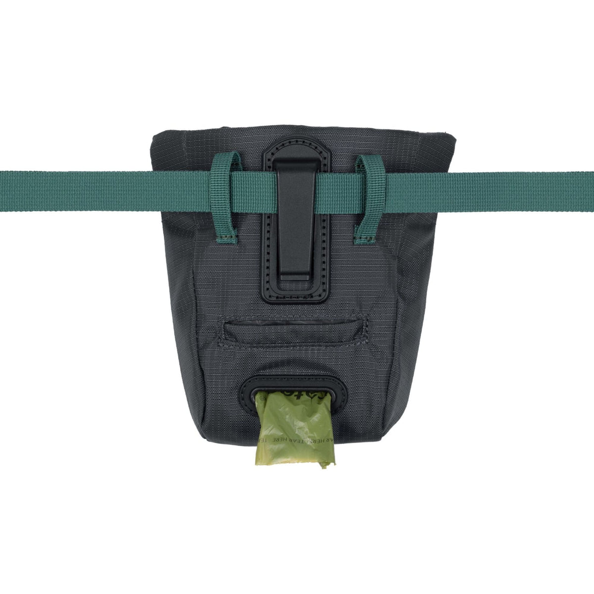 Ruffwear Pack Out Bag dog waste carrier in Basalt Gray, rear view, attached to a teal adjustable waist belt via the integrated clip and webbing loops, with a green Earth Rated pick-up bag dispensing from the slot at the base