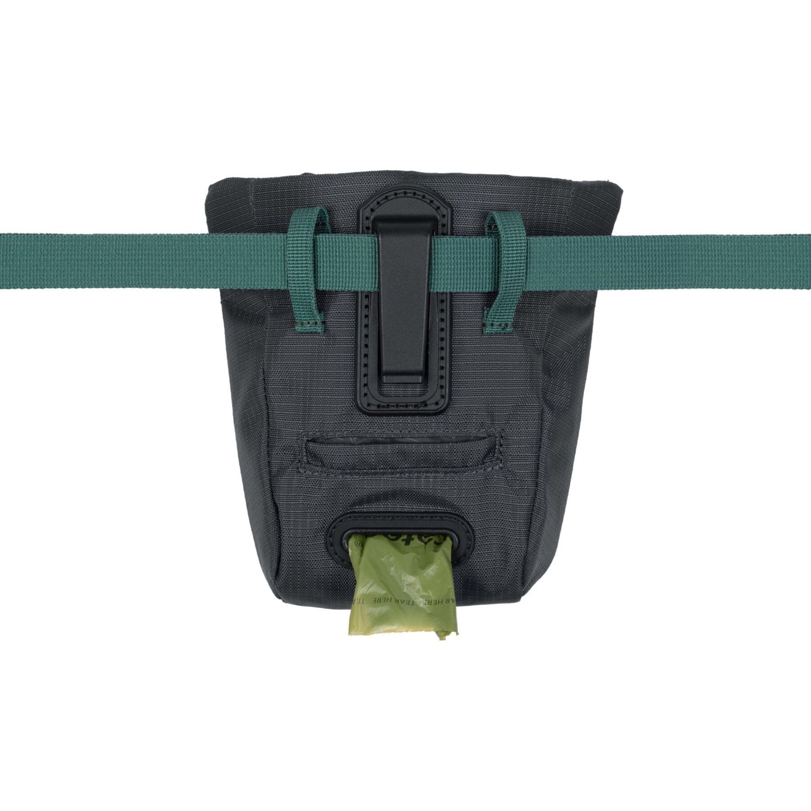 Ruffwear Pack Out Bag dog waste carrier in Basalt Gray, rear view, attached to a teal adjustable waist belt via the integrated clip and webbing loops, with a green Earth Rated pick-up bag dispensing from the slot at the base