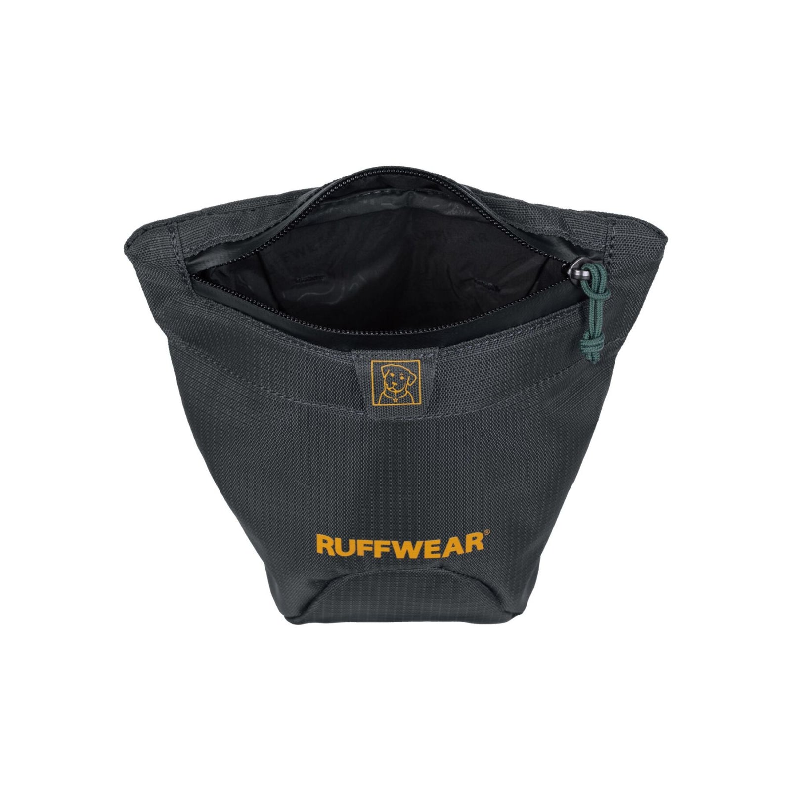 Ruffwear Pack Out Bag dog waste carrier in Basalt Gray against a white background, closed, showing the trapezoid silhouette, water-resistant zipper with teal pull tab, embroidered Ruffwear dog logo badge, gold Ruffwear wordmark, and the curved pick-up bag dispenser pocket at the base