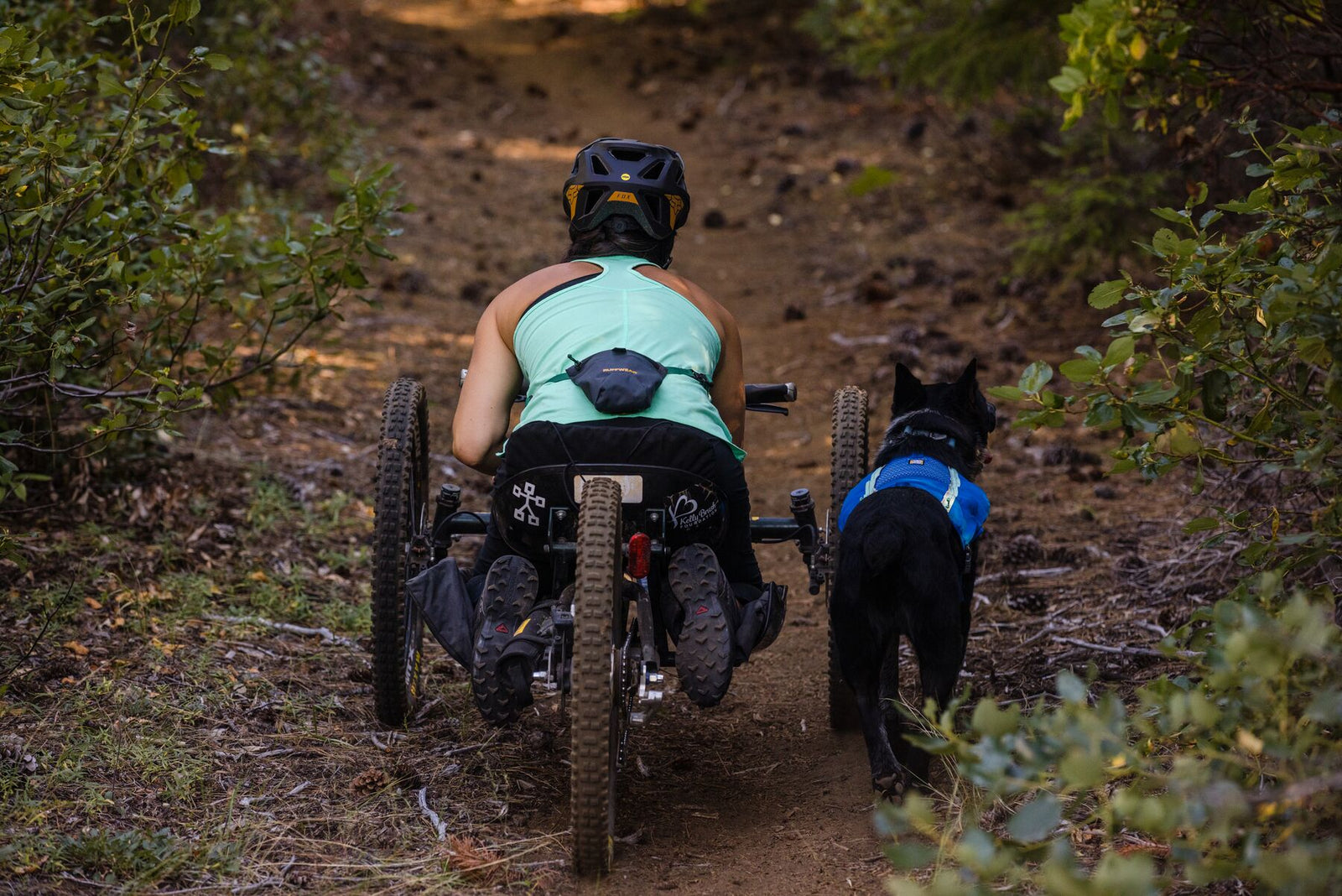 Rear view of a woman on an adaptive mountain bike riding a forest trail with a black dog running alongside wearing a blue Ruffwear harness, the Pack Out Bag visible at her waist
