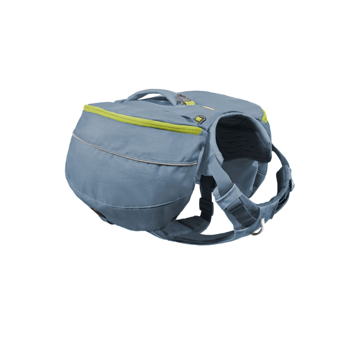 Ruffwear Palisades Pack dog backpack in Glacier Lake, three-quarter view showing full pack with radial cut saddlebags attached and handle visible at top
