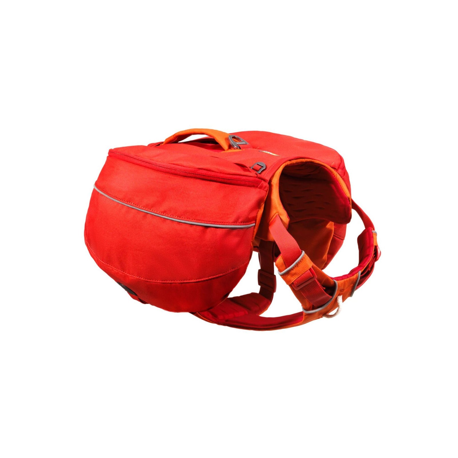 Ruffwear Palisades Pack dog backpack in Red Currant, three-quarter view showing full pack with radial cut saddlebags attached and handle visible at top