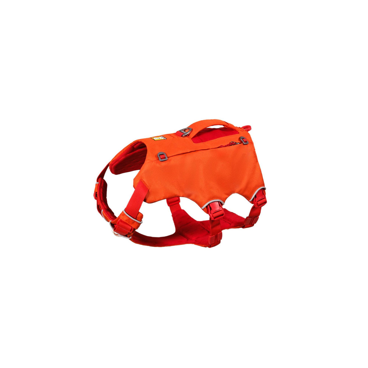 Ruffwear Palisades Pack harness chassis in Red Currant, side three-quarter view with saddlebags removed showing breathable perforated foam panels and adjustment straps