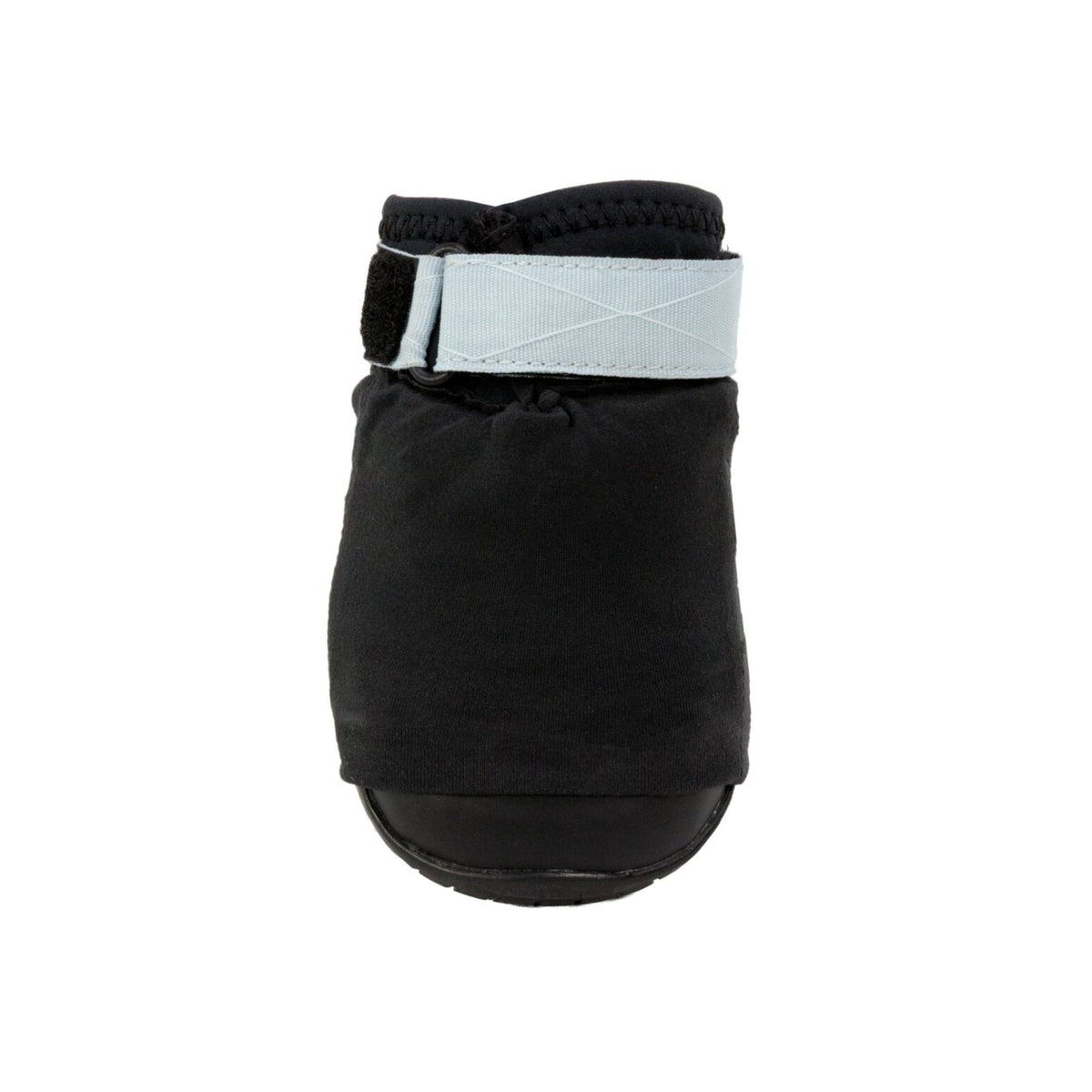 Ruffwear Polar Trex Winter Dog Boot on white background, rear view showing hook-and-loop closure strap and waterproof softshell upper in black