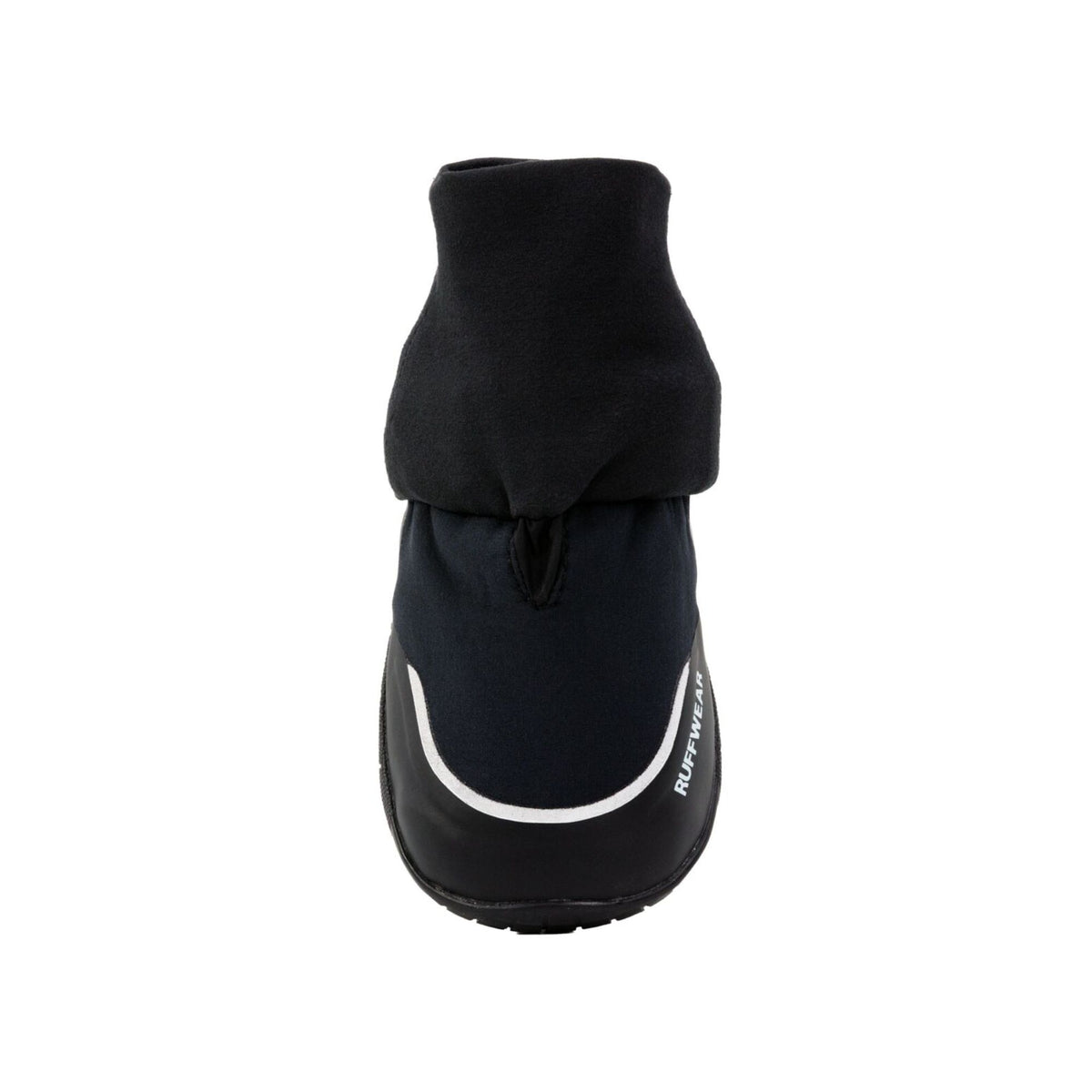 Ruffwear Polar Trex Winter Dog Boot single boot on white background, front-facing view showing stretch gaiter, hook-and-loop closure and waterproof softshell upper in black