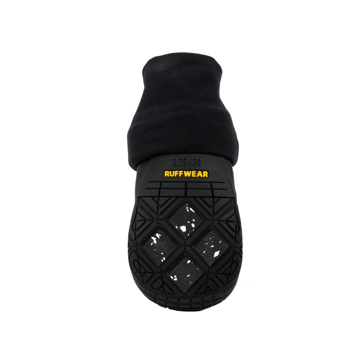 Ruffwear Polar Trex Winter Dog Boot on white background, sole view showing glass fiber winter lug pattern and rubber outsole with Ruffwear branding