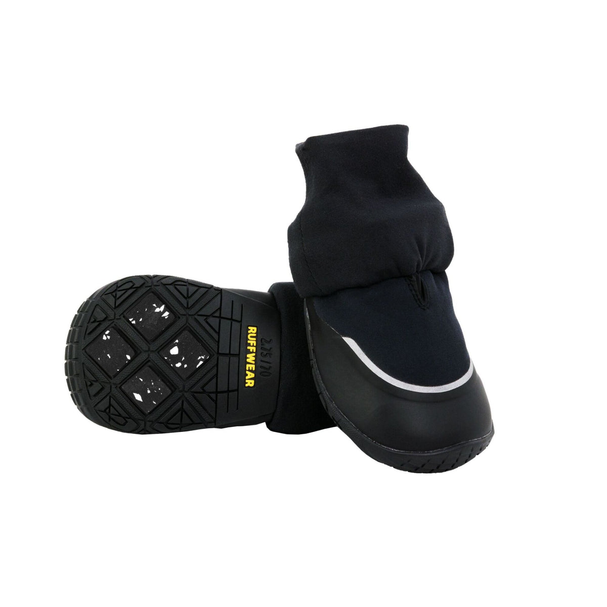 Ruffwear Polar Trex Winter Dog Boots shown in pairs on white background, angled view displaying glass fiber lug outsole with micro-cleat pattern and reflective trim on waterproof softshell upper