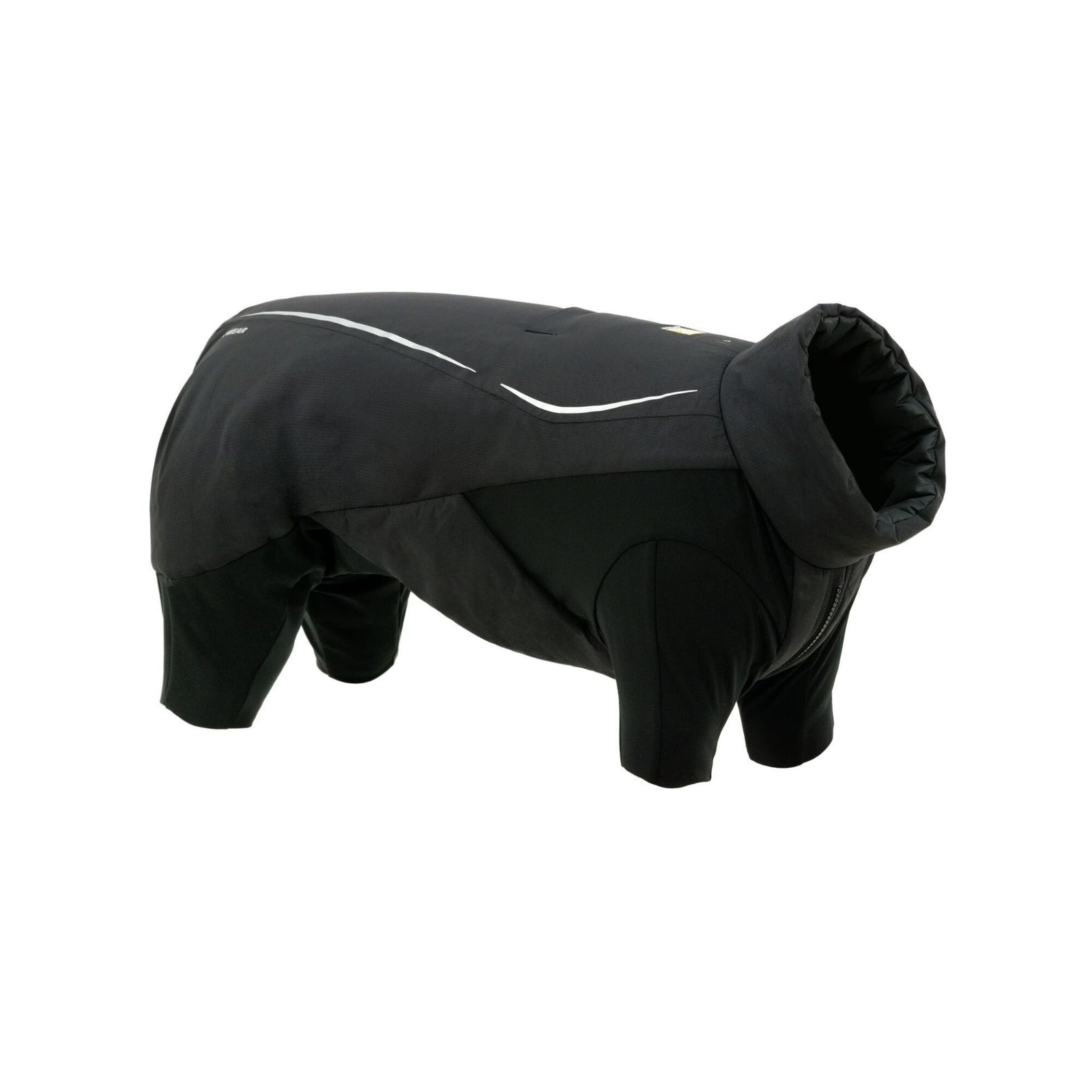 Ruffwear Powder Hound Waterproof Insulated Coverall in Obsidian Black - three-quarter view showing the full-body coverall silhouette, all four leg openings, the neck cinch, and the reflective strip across the back.