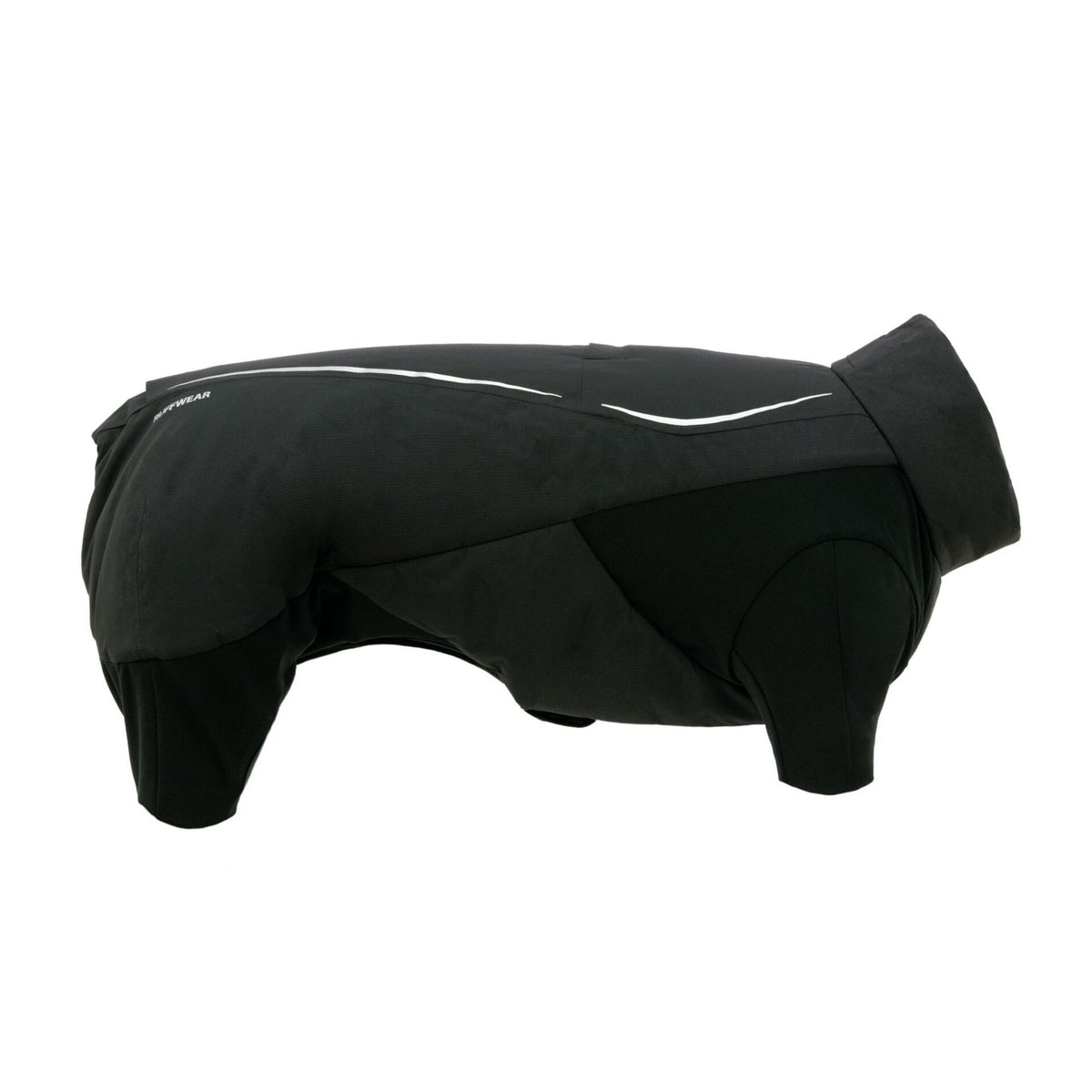 Ruffwear Powder Hound Waterproof Insulated Coverall in Obsidian Black - side profile flat lay showing the full-body silhouette, all four leg openings, neck cinch, and reflective strip across the back panel.