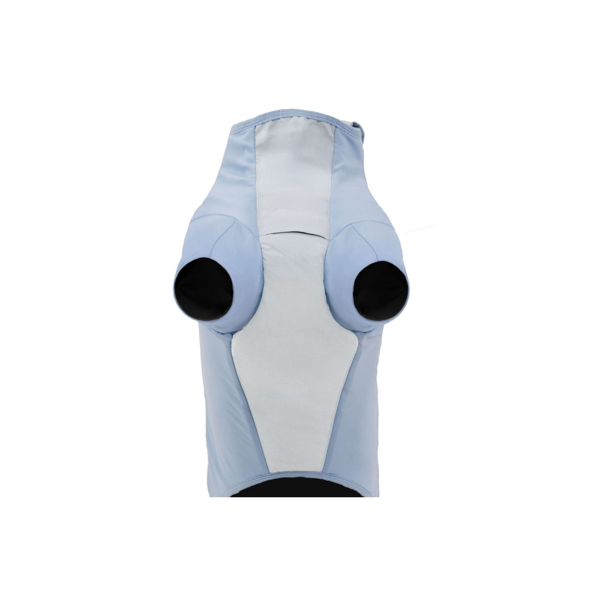Ruffwear Powder Hound Waterproof Insulated Jacket in Polar Blue - underside view showing the insulated belly panel, chest leash portal, and both front leg openings.