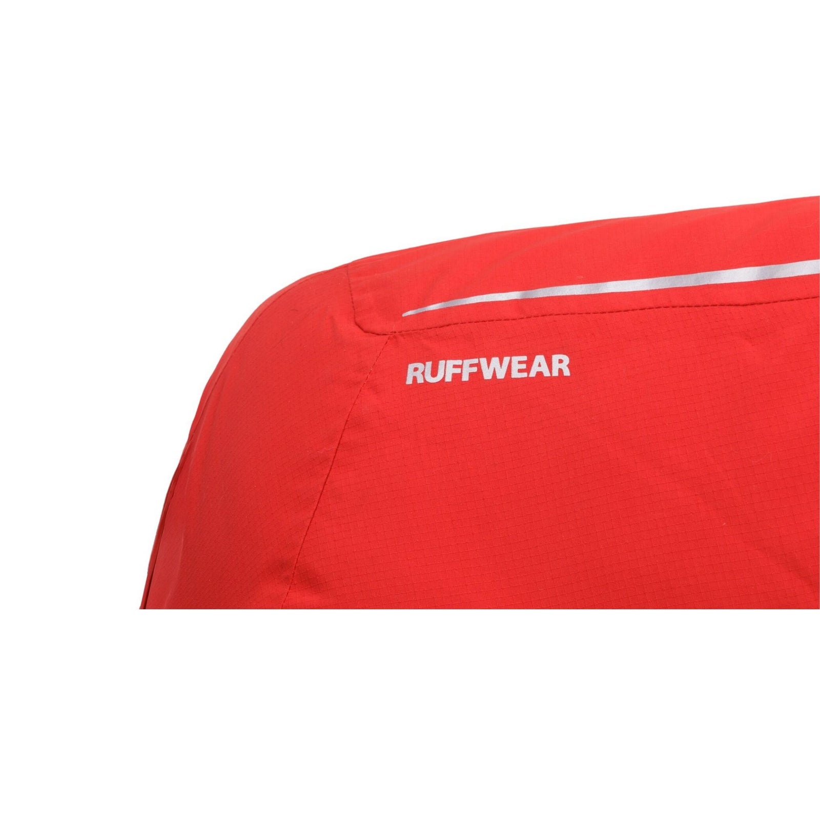Ruffwear Powder Hound Waterproof Insulated Vest - close-up of the Red Currant shell showing the Ruffwear logo and reflective stripe detail across the back for low-light visibility.