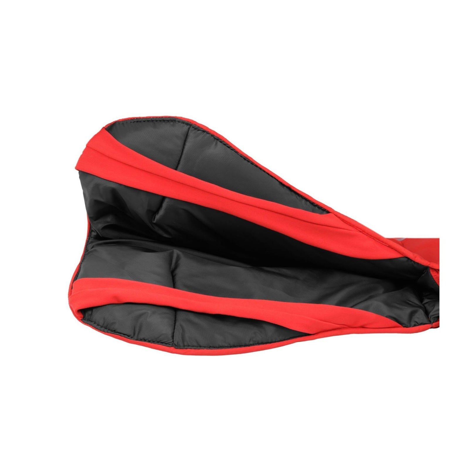 Ruffwear Powder Hound Waterproof Insulated Vest - interior view showing the soft stretch leg loops and warm black lining against the Red Currant waterproof outer shell.