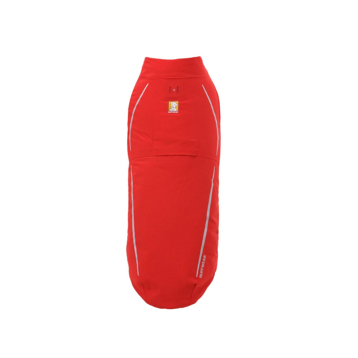 Ruffwear Powder Hound Waterproof Insulated Vest - top-down view in Red Currant showing the back leash portal, Ruffwear badge, and light loop for attaching the Beacon Safety Light, with reflective piping running along both sides.