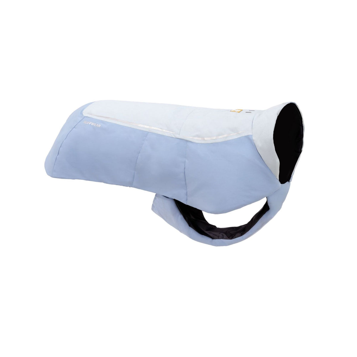 Ruffwear Powder Hound Waterproof Insulated Vest in Polar Blue - a cool, icy blue dog vest with a sleeveless silhouette, stretch leg loop, and reflective stripe detail. Shown without a dog to highlight the vest's shape and extended hip and thigh coverage.