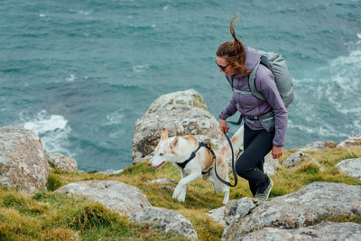 Woman hiking on rocky coastal cliffs with a dog wearing a Ruffwear Ridgeline harness and Ridgeline Lead in Obsidian Black, wind and sea behind