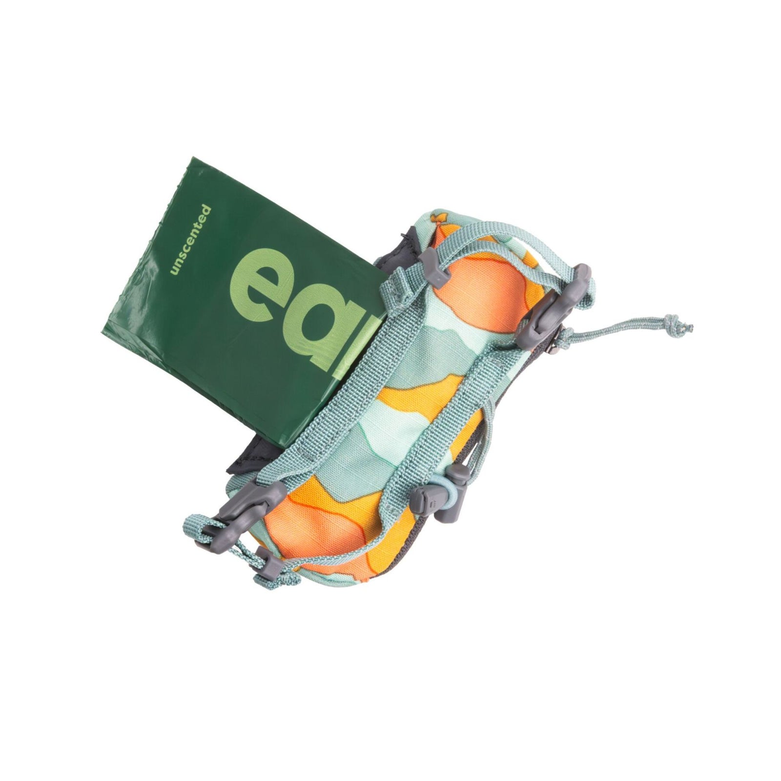 Ruffwear Stash Bag Mini dog waste bag dispenser in Coastal Mountains, angled view showing an Earth Rated unscented pick-up bag dispensing from the side opening, with the buckle straps, cinch cord, and teal and yellow colourway detail visible