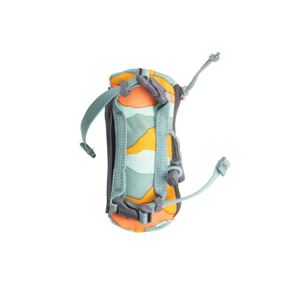 Ruffwear Stash Bag Mini dog waste bag dispenser in Coastal Mountains, rear view against a white background showing the two open teal buckle straps for leash attachment, cord lock hardware at top and bottom, and the orange and teal wave pattern shell