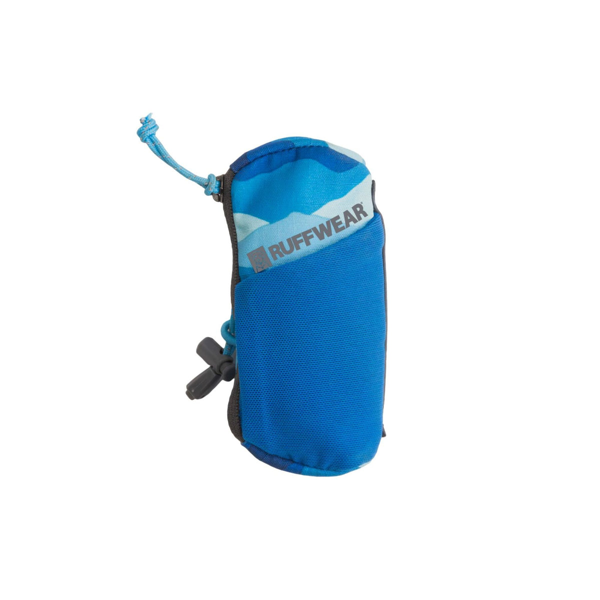 Ruffwear Stash Bag Mini dog waste bag dispenser in Coastal Mountains, showing the cylindrical soft-shell body, Ruffwear wordmark, light blue cinch cord at the top, cord lock, and leash attachment straps at the base