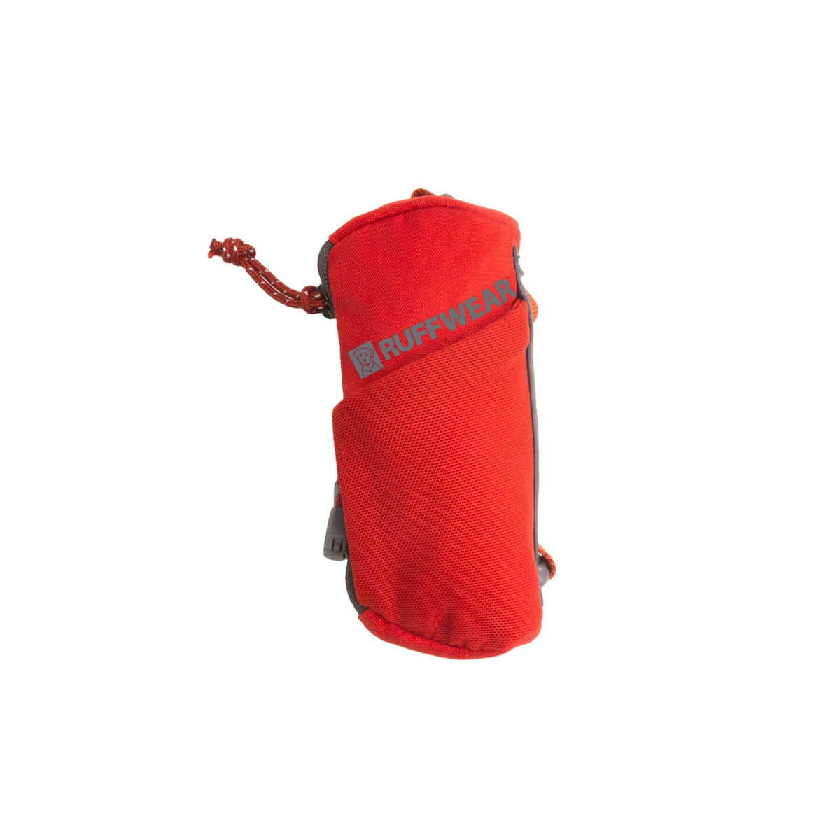 Ruffwear Stash Bag Mini dog waste bag dispenser in Red Canyon, showing the cylindrical soft-shell body, Ruffwear wordmark, cinch cord at the top, cord lock, and leash attachment straps at the base