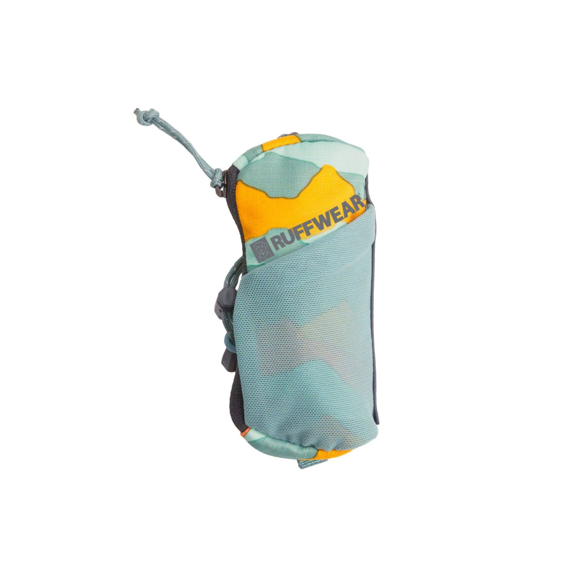 Ruffwear Stash Bag Mini dog waste bag dispenser in Spring Mountains, showing the cylindrical soft-shell body, Ruffwear wordmark, cinch cord at the top, cord lock, and leash attachment straps at the base
