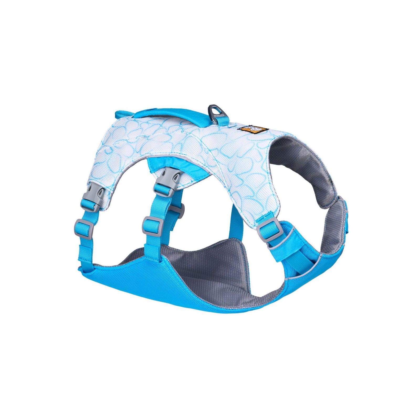 Ruffwear Swamp Cooler Dog Cooling Harness in Biolumin Blue, front view, on white background
