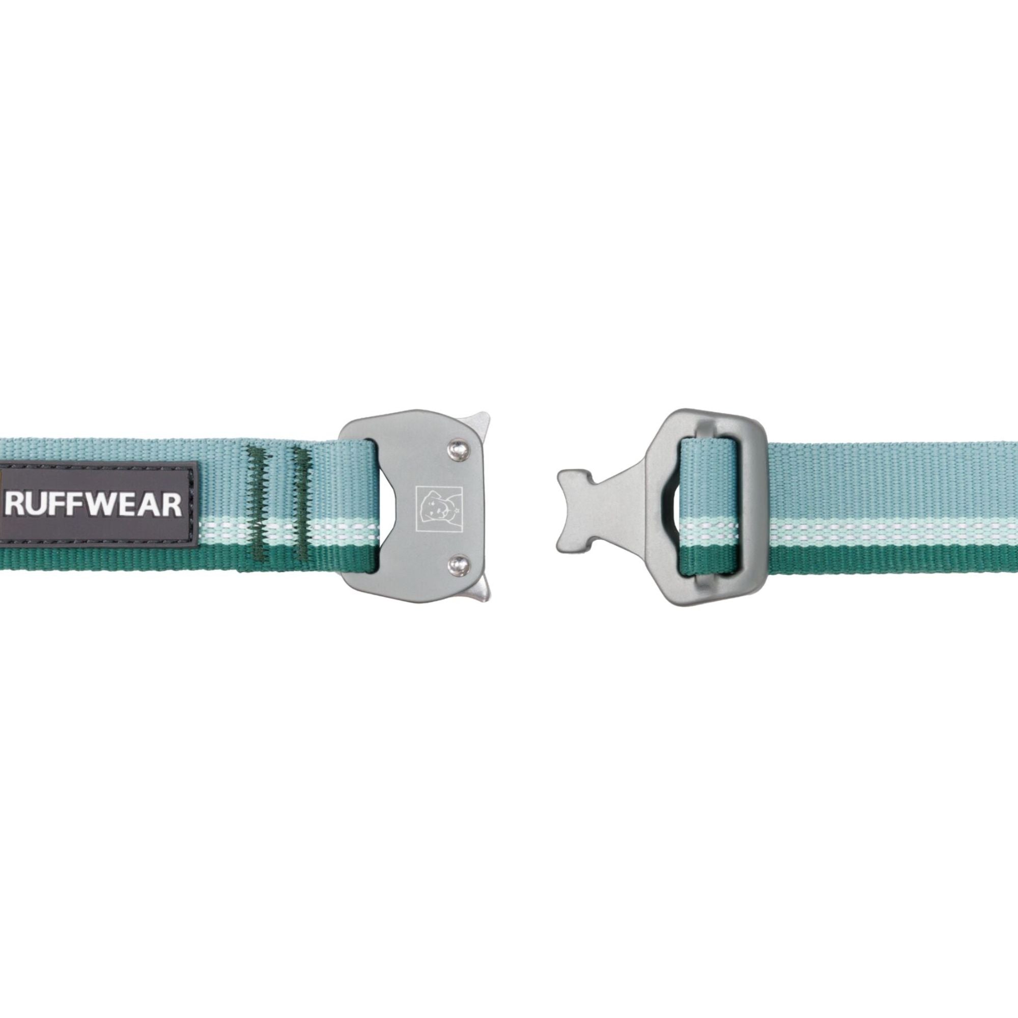 Close-up of the Ruffwear Talon Buckle on the Top Rope Dog Collar in River Rock Green